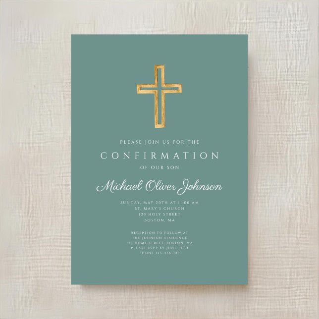 Modern Green Religious Cross Boy Confirmation Inbjudningar (Modern Green Religious Cross Boy Confirmation Invitation)