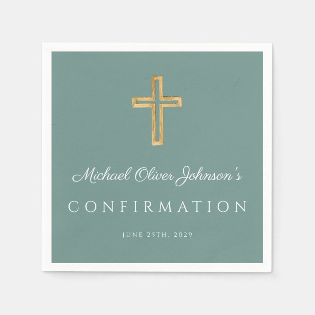 Modern Green Religious Cross Boy Confirmation Pappersservett (Framsidan)