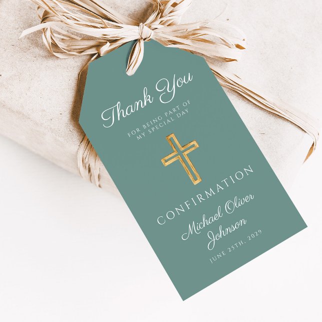 Modern Green Religious Cross Boy Confirmation Presentetikett (Modern Green Religious Cross Boy Confirmation Gift Tags)