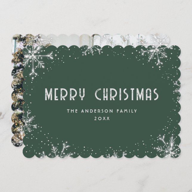 Modern Green Silver Snowflake Photo Christmas Card Julkort (Fram/baksida)