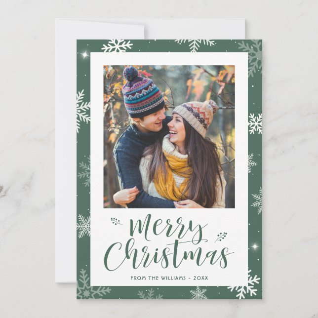 Modern Green Snowflake Photo Christmas Card Julkort (Framsida)