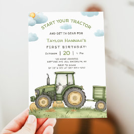 Modern Green Tractor 1st Birthday Party Inbjudningar