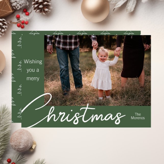 Modern Green Tree Family Photo Christmas Card Julkort (Skapare uppladdad)