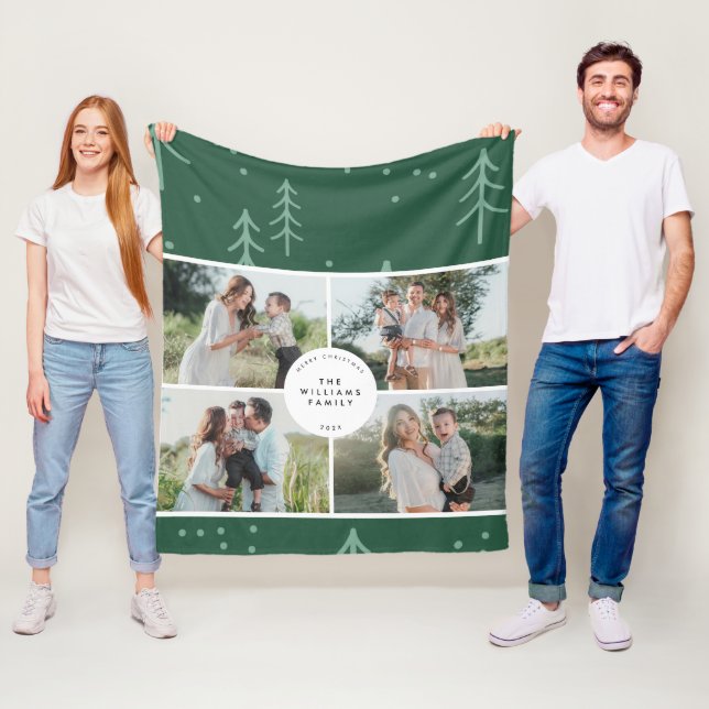 Modern Green Tree Family Photo Holiday Fleecefilt (På plats)