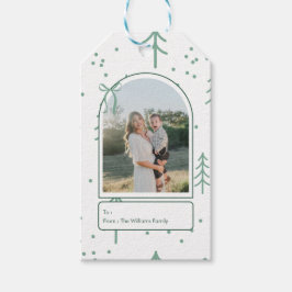 Modern Green Tree Family Photo Holiday Presentetikett