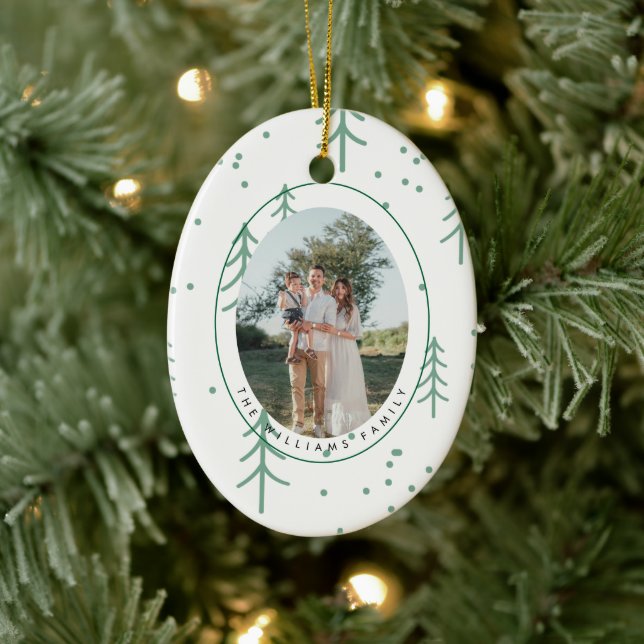 Modern Green Tree Family Photo Oval Holiday Julgransprydnad Keramik (Träd)