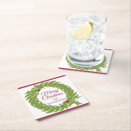 Modern Green Wreath Merry Christmas Personalized Underlägg Papper Kvadrat