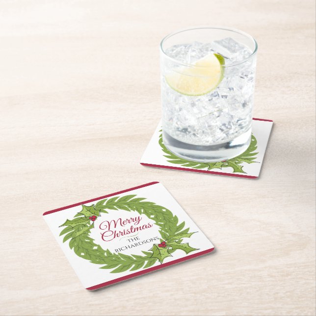 Modern Green Wreath Merry Christmas Personalized Underlägg Papper Kvadrat (Insitu)