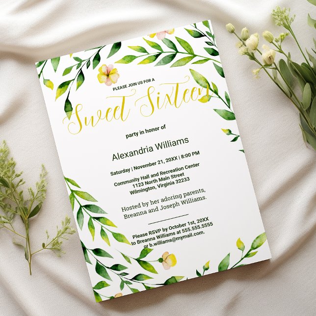 Modern green yellow outdoors floral Sweet Sixteen Inbjudningar (Modern green yellow outdoors floral Sweet Sixteen )