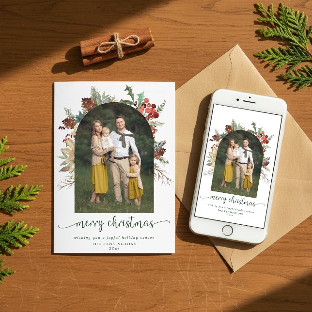 Modern Greenery Arch God jul Photo Julkort (Modern Greenery Arch Merry Christmas Photo Holiday Card with Instant Download Option)