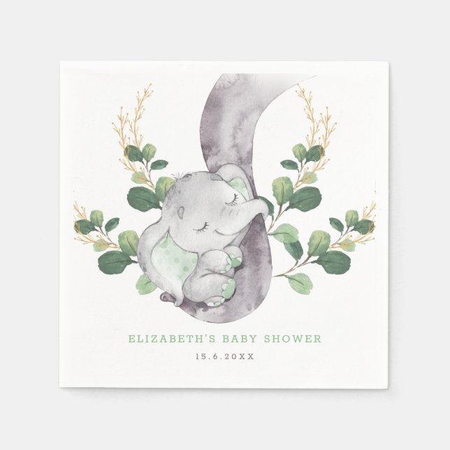 Modern Greenery Baby Elephant Grönt Guld Garden Pappersservett (Framsidan)