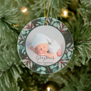 Modern Greenery Baby första julfotopatens Grönt Julgransprydnad Keramik