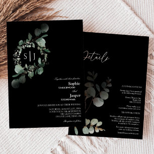 Modern Greenery Black Monogram allt på en Bröllop Inbjudningar