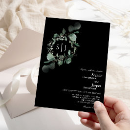 Modern Greenery Black Monogram Bröllop Inbjudningar