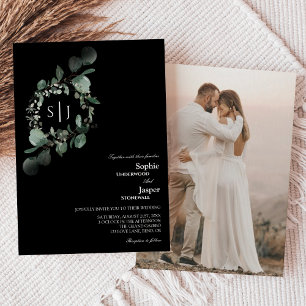 Modern Greenery Black Monogram Photo Bröllop Inbjudningar