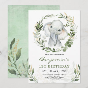 Modern Greenery Elephant Grönt Guld 1:a födelsed Inbjudningar
