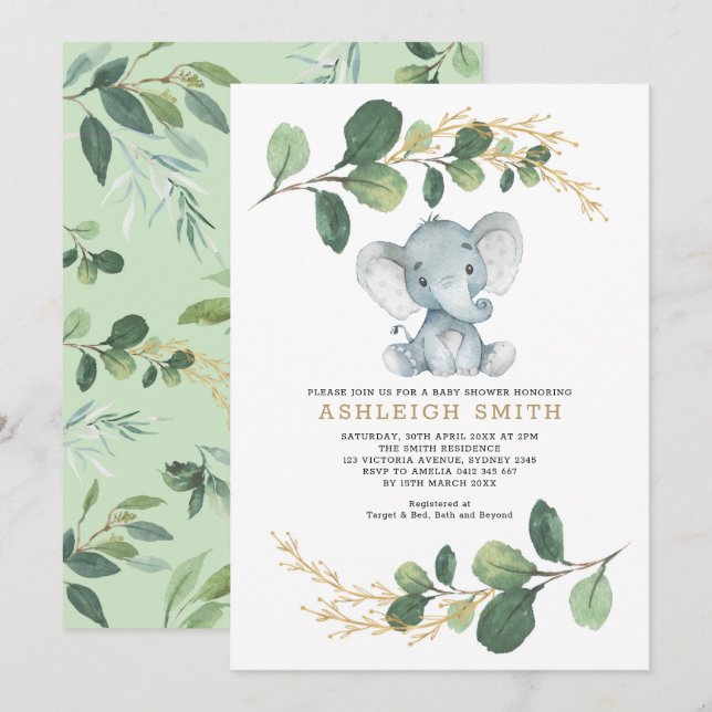 Modern Greenery Elephant Jungle Baby Shower Inbjudningar (Fram/baksida)