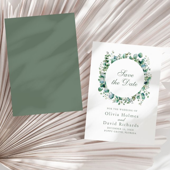 Modern Greenery Eucalyptus Botanical Bröllop Spara Datumet (Modern Greenery Eucalyptus Botanical Wedding Save The Date on a sunny neutral dry palm leaf.)