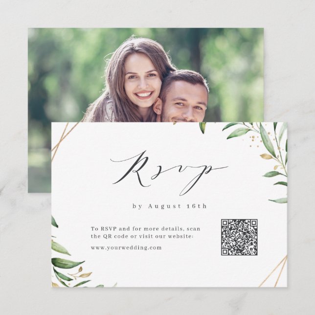 Modern Greenery Geometric Rustic Bröllop QR-kod OSA Kort (Fram/baksida)