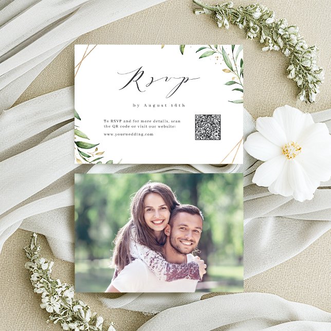 Modern Greenery Geometric Rustic Bröllop QR-kod OSA Kort (Modern Greenery Geometric Rustic Wedding QR code RSVP Card)