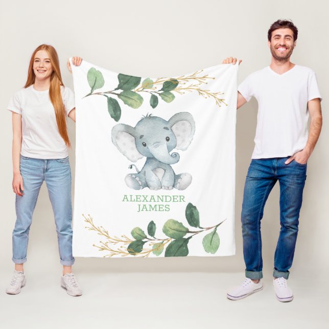 Modern Greenery Guld Baby Elephant Boy Nursery Fleecefilt (På plats)
