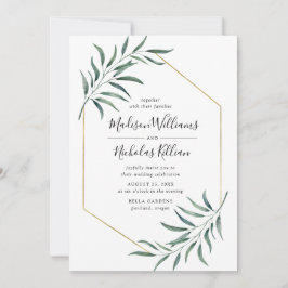 Modern Greenery | Guld Geometric Ram Bröllop Inbjudningar