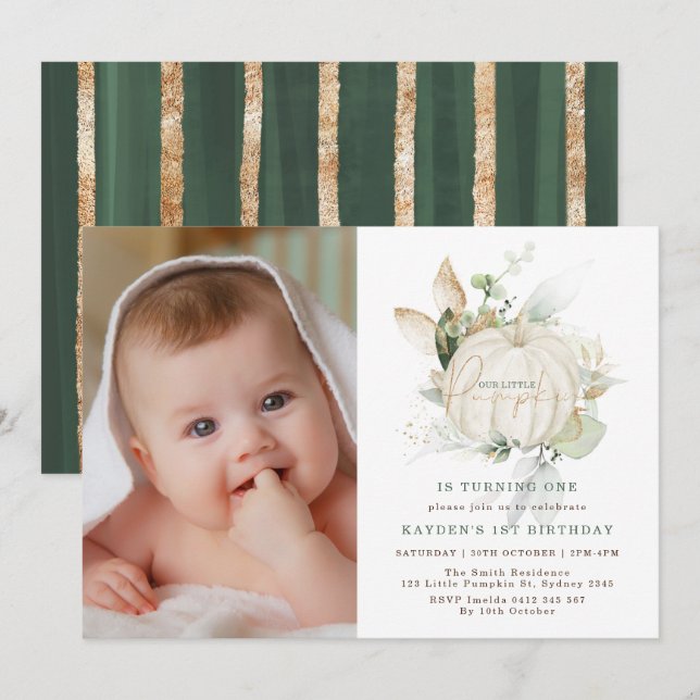 Modern Greenery Guld Little Pumpkin Birthday Photo Inbjudningar (Fram/baksida)