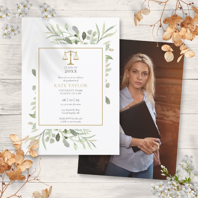Modern Greenery Law School Studenten Photo Inbjudningar (Modern Greenery Law School Graduation Photo Invitation)