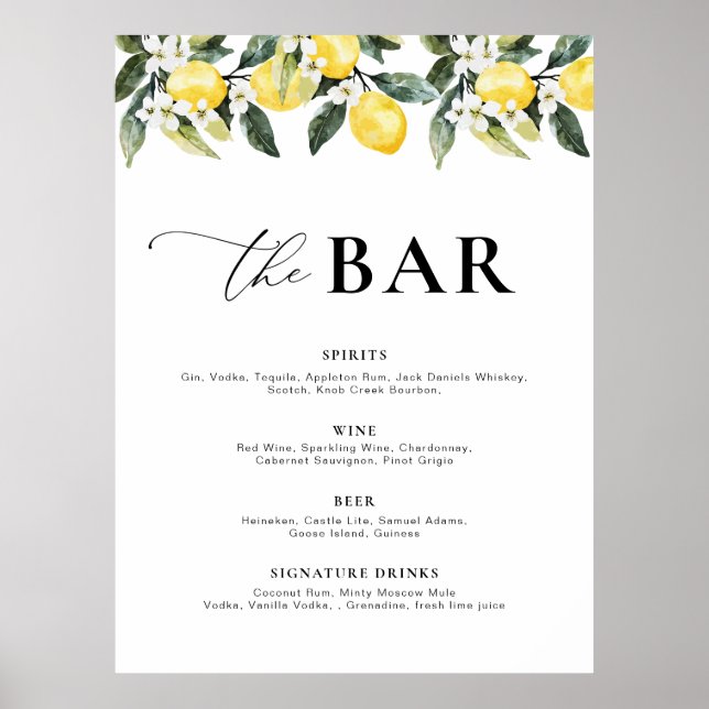 Modern Greenery Lemon Blommigt Pub Menu Poster (Framsidan)