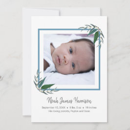Modern Greenery Nyfödd bebis Boy Photo Birth Meddelande