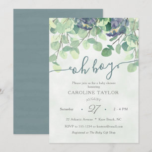 Modern Greenery Oh Boy Blue Blommigt Baby Shower Inbjudningar