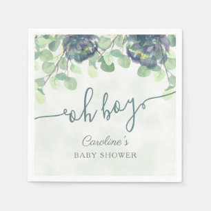 Modern Greenery Oh Boy Blue Blommigt Baby Shower Pappersservett