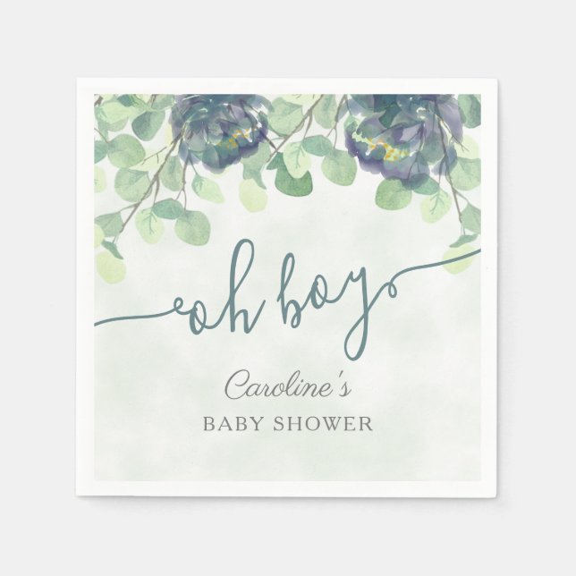 Modern Greenery Oh Boy Blue Blommigt Baby Shower Pappersservett (Framsidan)