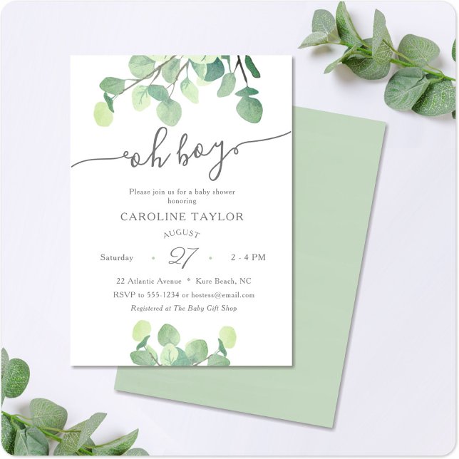 Modern Greenery Oh Boy Simple Baby Shower Inbjudningar (Skapare uppladdad)