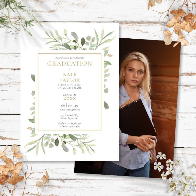 Modern Greenery Photo Studentfest Inbjudningar (Modern Greenery Photo Graduation Party Invitation)