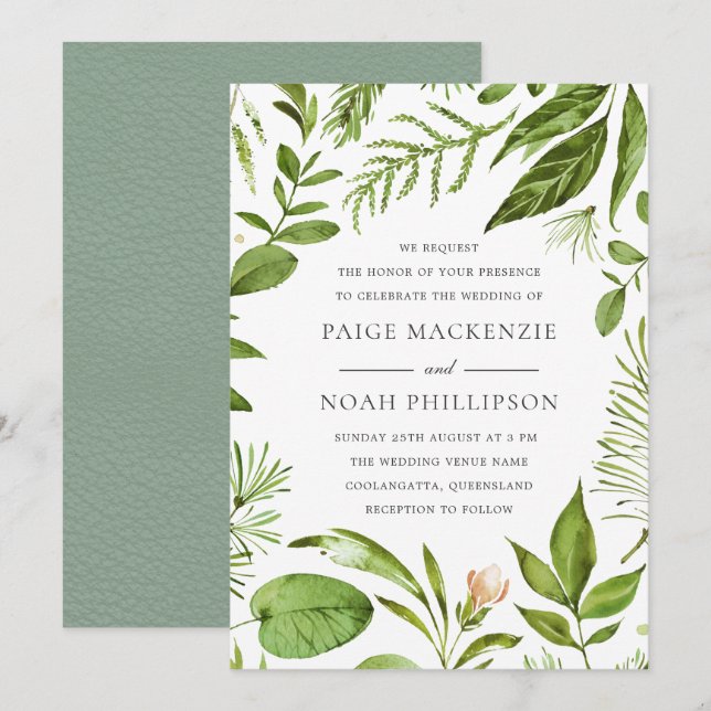 Modern Greenery Sommaren Vår bröllop Inbjudan (Fram/baksida)