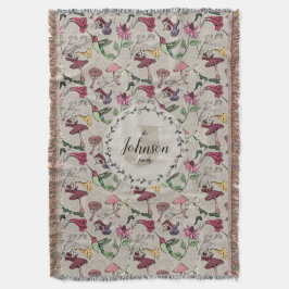Modern Greige Family Namn Hummingbird & Flowers Filt