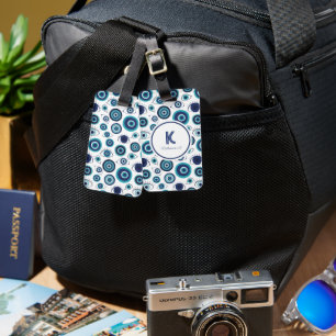 Modern grekiska Evil Öga Blue White Monogram Bagagebricka