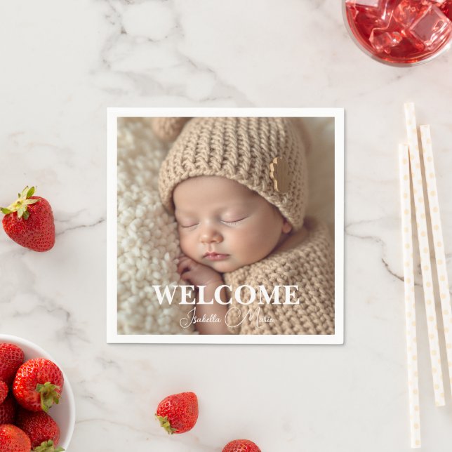  Modern Grey and White Photo Birth Announcement Pappersservett (Insitu)