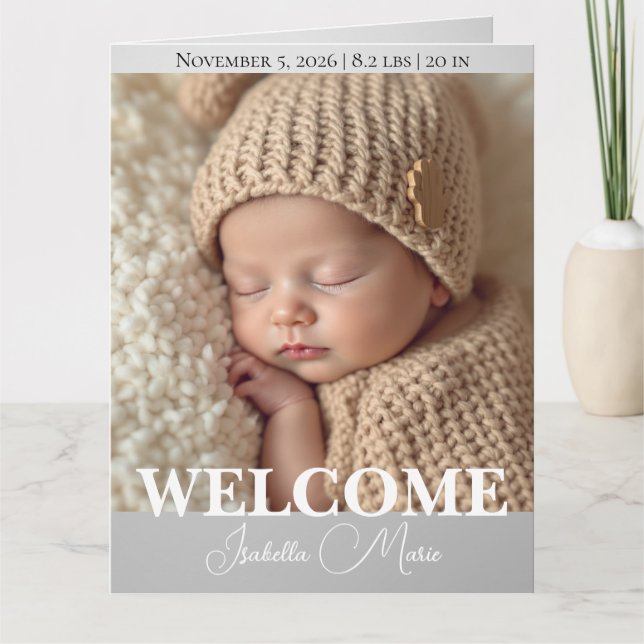  Modern Grey and White Photo Birth Announcement Tack Kort (Framsida)