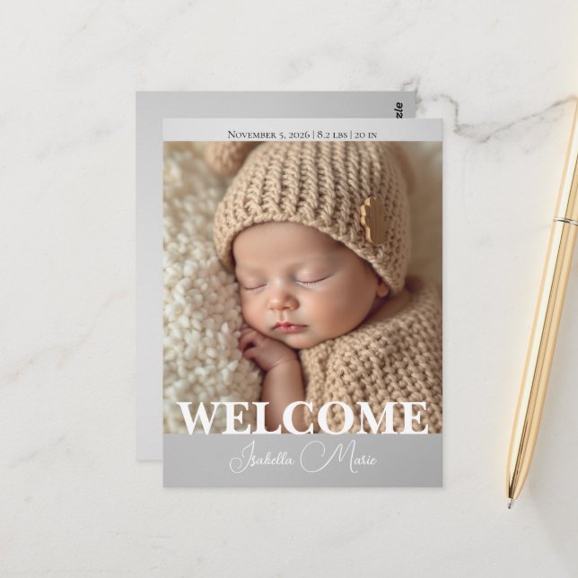  Modern Grey and White Photo Birth Announcement Vykort (Fram/Back In Situ)