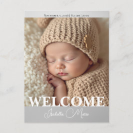  Modern Grey and White Photo Birth Announcement Vykort
