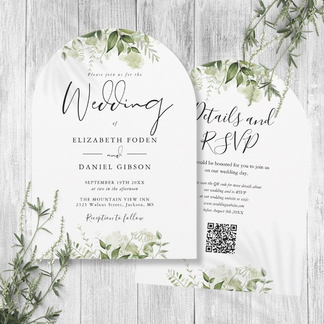 Modern Grey Blommigt QR Code Bröllop Arch Inbjudningar (Modern Greenery Floral QR Code Wedding Arch Invitation)