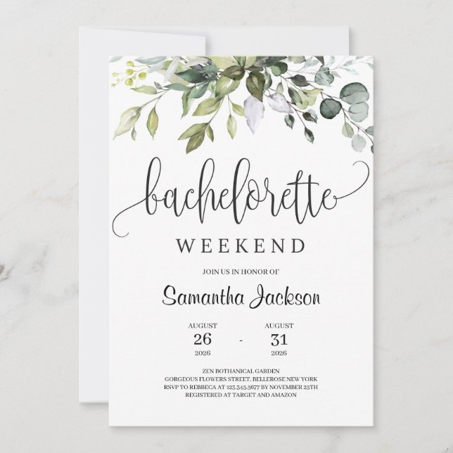 Modern grey boho foliage bachelorette helg inbjudningar (Framsida)