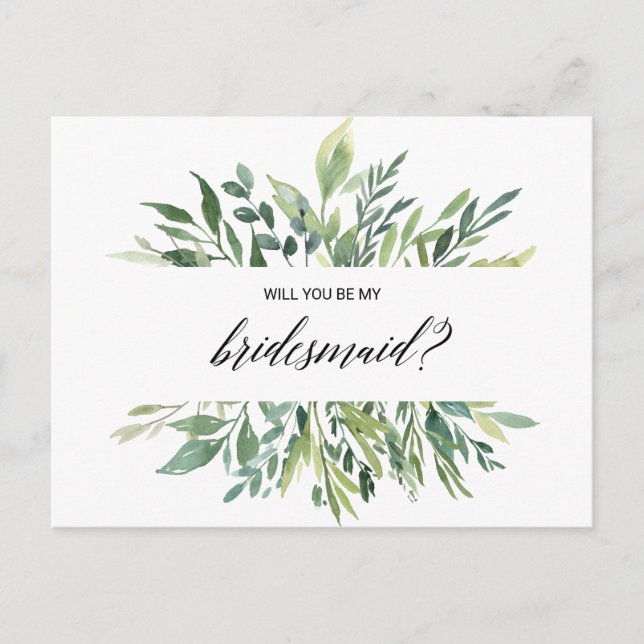 Modern Grey Botanical Foliage Bridesmaid Inbjudan Vykort (Framsida)