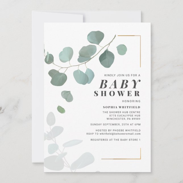 Modern Grey Eucalyptus Botanical Baby Shower Inbjudningar (Framsida)