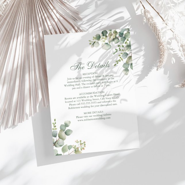 Modern Grey Eucalyptus Bröllop-informationskort Inbjudningar (Modern Greenery Eucalyptus Wedding Details Card on a sunny neutral and white boho table.)