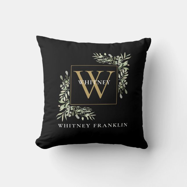 Modern Grey Foliage Black Guld Monogram Kudde (Framsida)