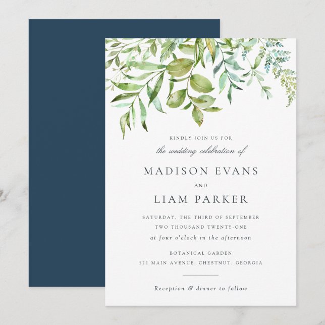 Modern Grey Foliage Löv Navy Bröllop Inbjudningar (Fram/baksida)