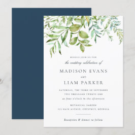 Modern Grey Foliage Löv Navy Bröllop Inbjudningar